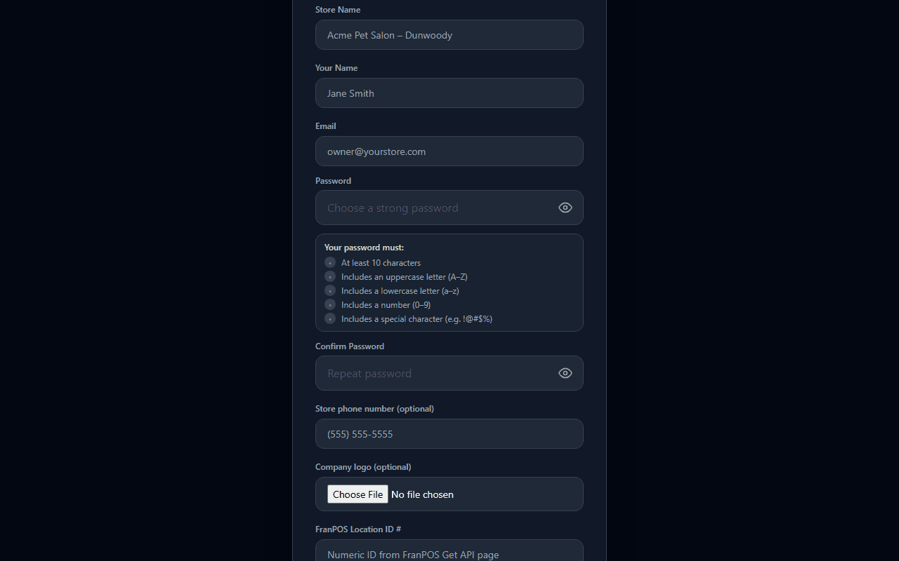 Store registration form