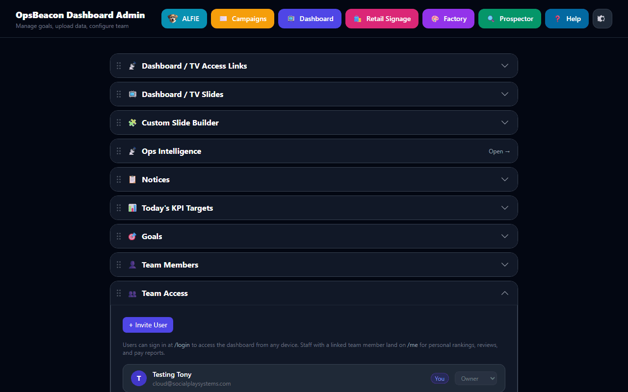 Team Access admin section